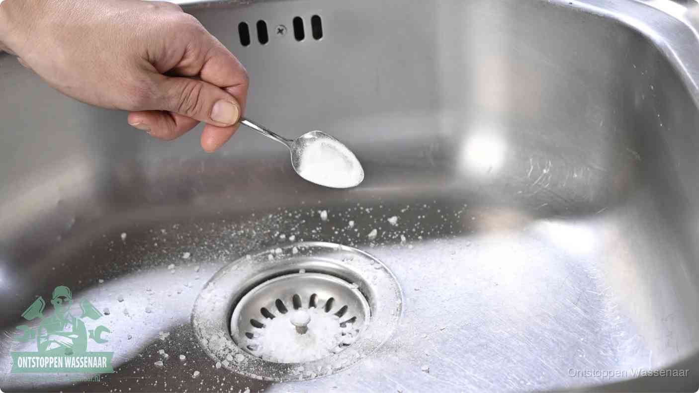 Een hand strooit met een lepel soda in de afvoer van een roestvrijstalen spoelbak, de soda en azijn huismiddel-methode om de afvoer te ontstoppen in Wassenaar