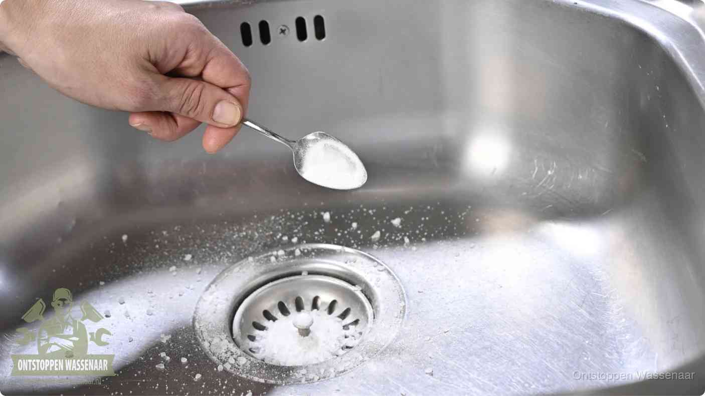 Een hand strooit met een lepel soda in een afvoerputje, de soda en azijn huismiddel-methode om de wc te ontstoppen in Wassenaar