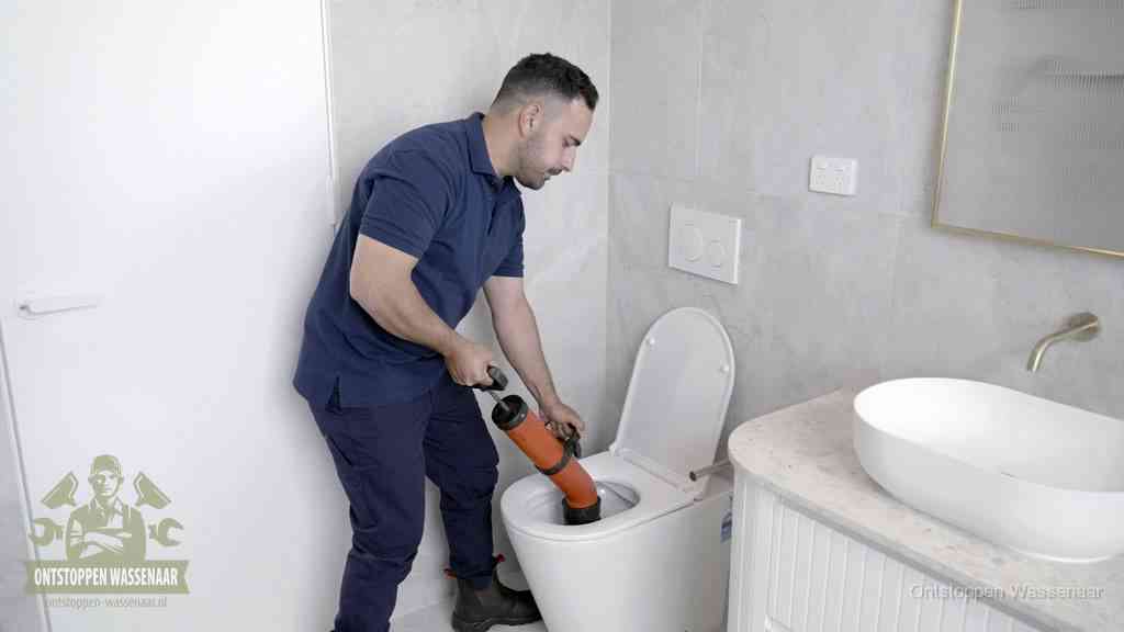 Een monteur gebruikt een handmatige perspomp (toiletontstopper) op een wandcloset tijdens het professioneel wc ontstoppen in Wassenaar