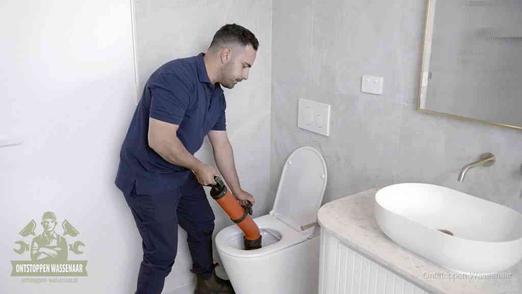 Een man gebruikt een handmatige luchtdruk-ontstopper in een modern betegeld toilet om zelf de wc te ontstoppen in Wassenaar